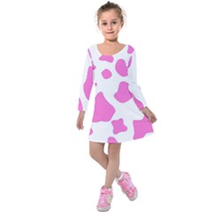 Pink Cow Spots, Large Version, Animal Fur Print In Pastel Colors Kids  Long Sleeve Velvet Dress