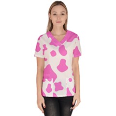 Pink Cow Spots, Large Version, Animal Fur Print In Pastel Colors Women s V-neck Scrub Top by Casemiro