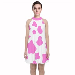 Pink Cow Spots, Large Version, Animal Fur Print In Pastel Colors Velvet Halter Neckline Dress 