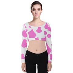 Pink Cow Spots, Large Version, Animal Fur Print In Pastel Colors Velvet Long Sleeve Crop Top by Casemiro