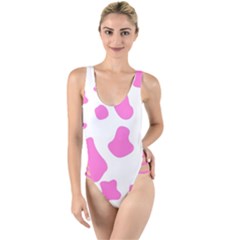 Pink Cow Spots, Large Version, Animal Fur Print In Pastel Colors High Leg Strappy Swimsuit by Casemiro