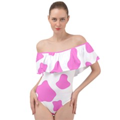 Pink Cow Spots, Large Version, Animal Fur Print In Pastel Colors Off Shoulder Velour Bodysuit  by Casemiro