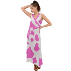 Pink Cow Spots, Large Version, Animal Fur Print In Pastel Colors V-neck Chiffon Maxi Dress by Casemiro