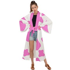 Pink Cow Spots, Large Version, Animal Fur Print In Pastel Colors Maxi Kimono by Casemiro