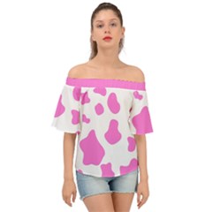 Pink Cow Spots, Large Version, Animal Fur Print In Pastel Colors Off Shoulder Short Sleeve Top by Casemiro