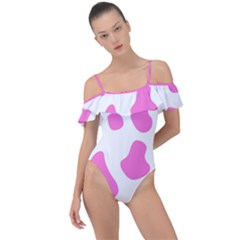 Pink Cow Spots, Large Version, Animal Fur Print In Pastel Colors Frill Detail One Piece Swimsuit by Casemiro