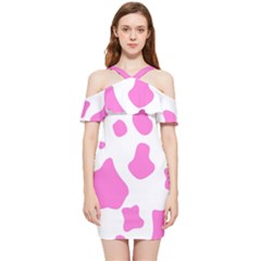 Pink Cow Spots, Large Version, Animal Fur Print In Pastel Colors Shoulder Frill Bodycon Summer Dress by Casemiro