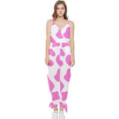 Pink Cow Spots, Large Version, Animal Fur Print In Pastel Colors Sleeveless Tie Ankle Jumpsuit