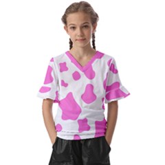 Pink Cow Spots, Large Version, Animal Fur Print In Pastel Colors Kids  V-neck Horn Sleeve Blouse by Casemiro