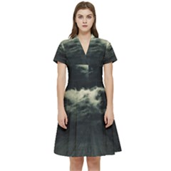 Dark Night Landscape Scene Short Sleeve Waist Detail Dress by dflcprintsclothing