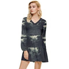 Dark Night Landscape Scene Tiered Long Sleeve Mini Dress