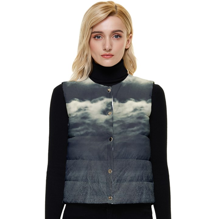 Dark Night Landscape Scene Women s Short Button Up Puffer Vest