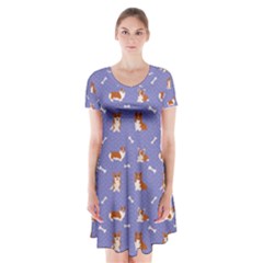 Cute Corgi Dogs Short Sleeve V-neck Flare Dress by SychEva