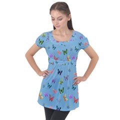 Multicolored Butterflies Whirl Puff Sleeve Tunic Top by SychEva