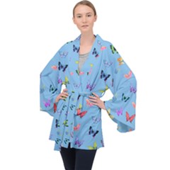 Multicolored Butterflies Whirl Long Sleeve Velvet Kimono  by SychEva