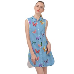 Multicolored Butterflies Whirl Sleeveless Shirt Dress by SychEva