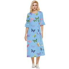 Multicolored Butterflies Whirl Double Cuff Midi Dress by SychEva