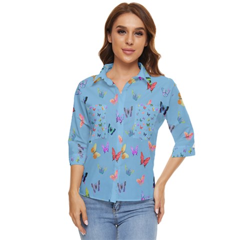 Multicolored Butterflies Whirl Women s Quarter Sleeve Pocket Shirt by SychEva