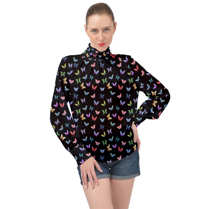 Bright And Beautiful Butterflies High Neck Long Sleeve Chiffon Top