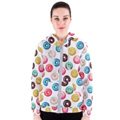 Delicious Multicolored Donuts On White Background Women s Zipper Hoodie by SychEva