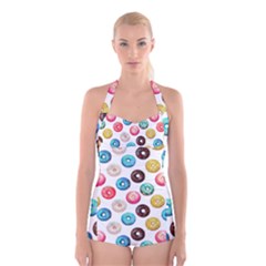 Delicious Multicolored Donuts On White Background Boyleg Halter Swimsuit  by SychEva