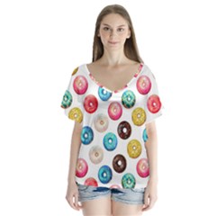 Delicious Multicolored Donuts On White Background V-neck Flutter Sleeve Top by SychEva