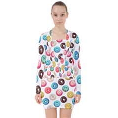 Delicious Multicolored Donuts On White Background V-neck Bodycon Long Sleeve Dress by SychEva