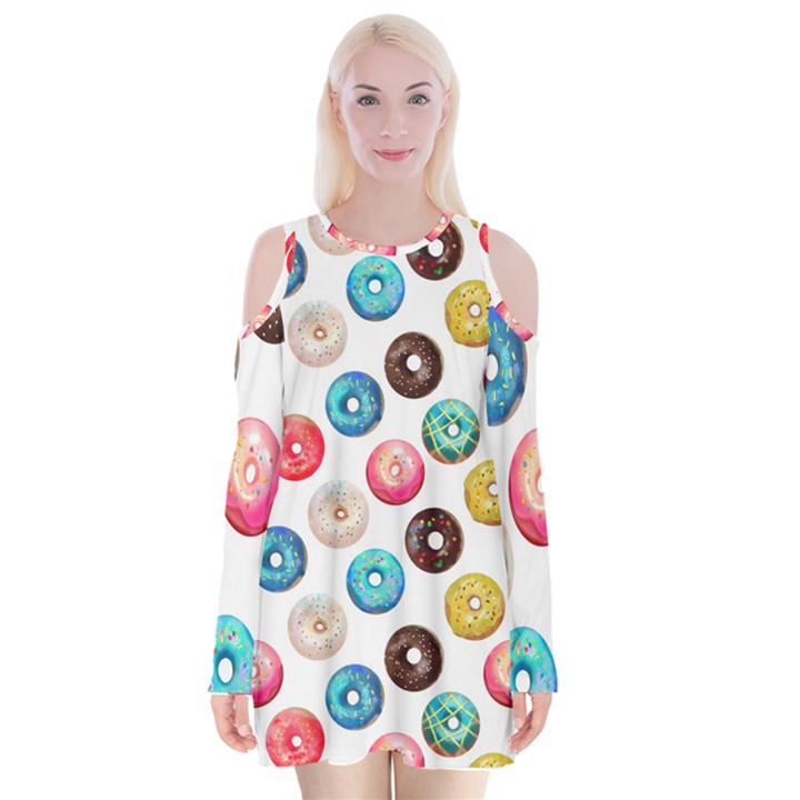 Delicious Multicolored Donuts On White Background Velvet Long Sleeve Shoulder Cutout Dress