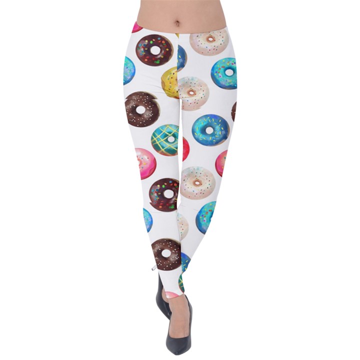 Delicious Multicolored Donuts On White Background Velvet Leggings