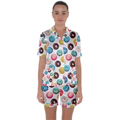 Delicious Multicolored Donuts On White Background Satin Short Sleeve Pajamas Set by SychEva