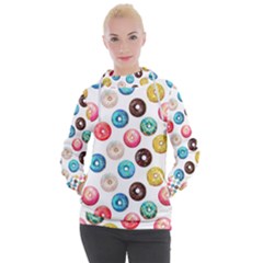 Delicious Multicolored Donuts On White Background Women s Hooded Pullover by SychEva