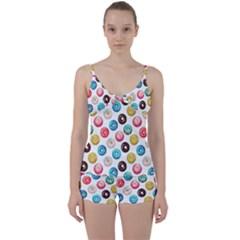 Delicious Multicolored Donuts On White Background Tie Front Two Piece Tankini by SychEva