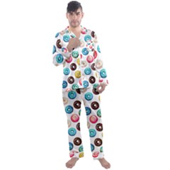 Delicious Multicolored Donuts On White Background Men s Long Sleeve Satin Pajamas Set by SychEva