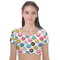 Delicious Multicolored Donuts On White Background Velvet Short Sleeve Crop Top  by SychEva