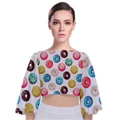 Delicious Multicolored Donuts On White Background Tie Back Butterfly Sleeve Chiffon Top by SychEva