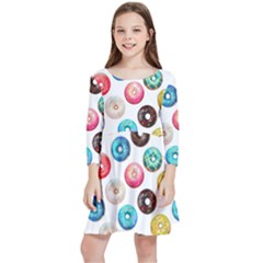 Delicious Multicolored Donuts On White Background Kids  Quarter Sleeve Skater Dress by SychEva