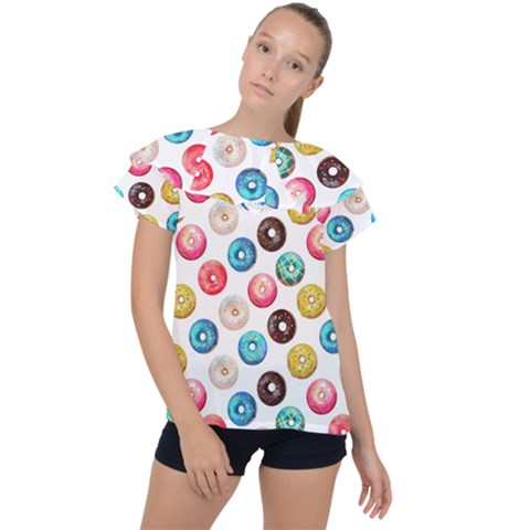 Delicious Multicolored Donuts On White Background Ruffle Collar Chiffon Blouse by SychEva