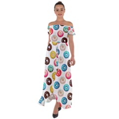 Delicious Multicolored Donuts On White Background Off Shoulder Open Front Chiffon Dress by SychEva