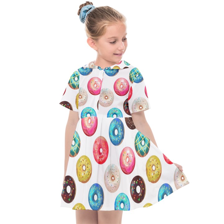 Delicious Multicolored Donuts On White Background Kids  Sailor Dress