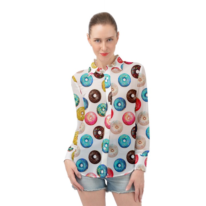 Delicious Multicolored Donuts On White Background Long Sleeve Chiffon Shirt