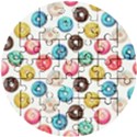 Delicious Multicolored Donuts On White Background Wooden Puzzle Round View1