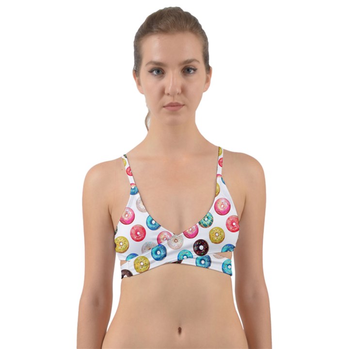 Delicious Multicolored Donuts On White Background Wrap Around Bikini Top