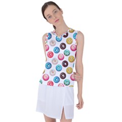 Delicious Multicolored Donuts On White Background Women s Sleeveless Sports Top by SychEva