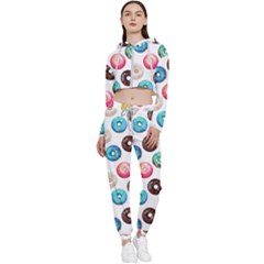 Delicious Multicolored Donuts On White Background Cropped Zip Up Lounge Set by SychEva