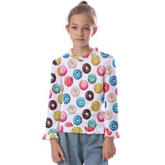 Delicious Multicolored Donuts On White Background Kids  Frill Detail Tee