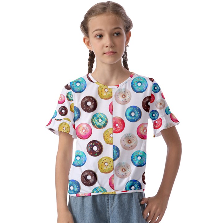 Delicious Multicolored Donuts On White Background Kids  Cuff Sleeve Scrunch Bottom Tee