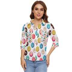 Delicious Multicolored Donuts On White Background Women s Quarter Sleeve Pocket Shirt