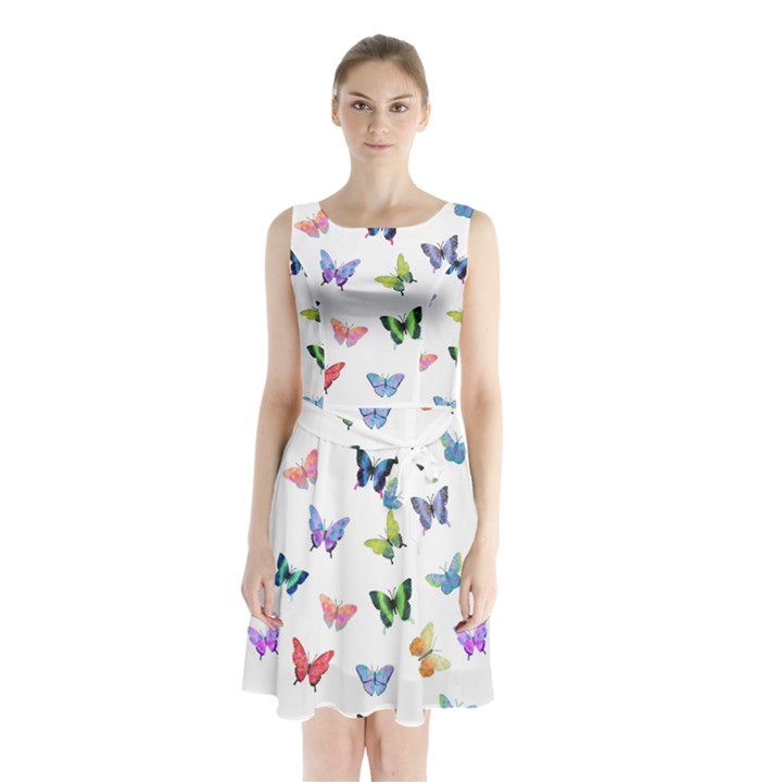 Cute Bright Butterflies Hover In The Air Sleeveless Waist Tie Chiffon Dress