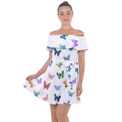 Cute Bright Butterflies Hover In The Air Off Shoulder Velour Dress by SychEva