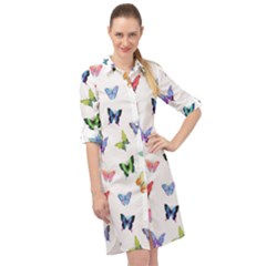 Cute Bright Butterflies Hover In The Air Long Sleeve Mini Shirt Dress by SychEva